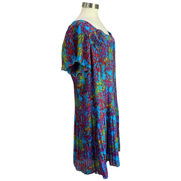 New Directions Blue Floral A Line Turquoise Pleated Midi Short Sleeve Dress 20W - Picture 3 of 11